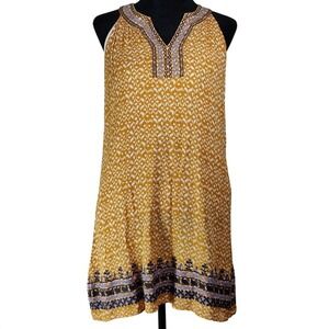 Mustard Yellow Ikat‎ Pattern V-Neck boho hippi chic Sleeveless Dress XL ethnic